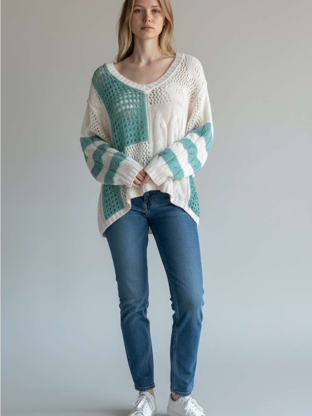 POL Open-Knit Patchwork V-Neck Sweater in White & Teal